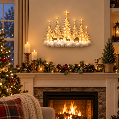 🦌✨ Glowing Christmas Woodland Wall Decor | Snowy Forest, Deer & Cottage Scene🎄