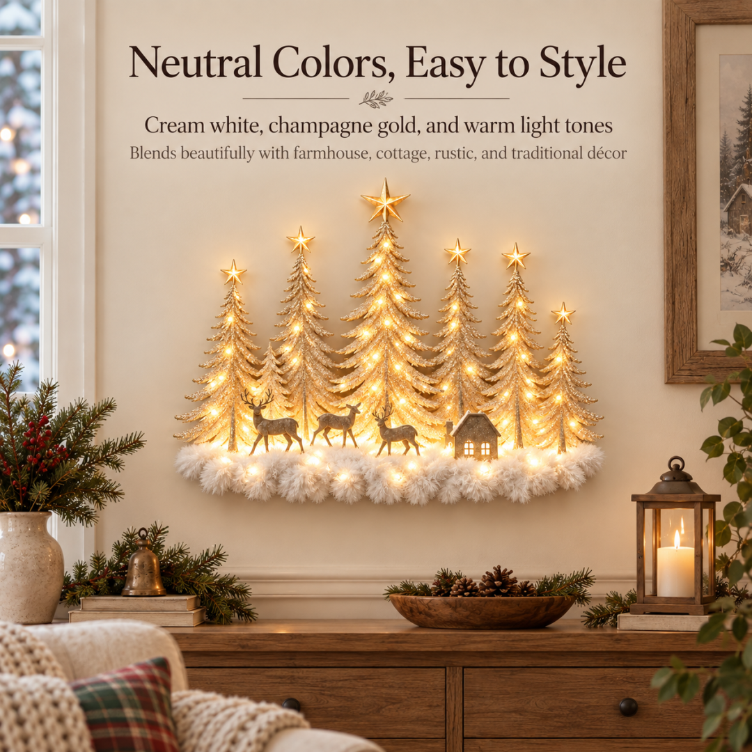 Neutral cream and champagne Christmas woodland wall decor