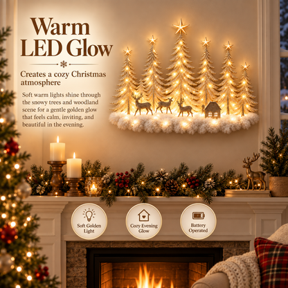 🦌✨ Glowing Christmas Woodland Wall Decor | Snowy Forest, Deer & Cottage Scene🎄