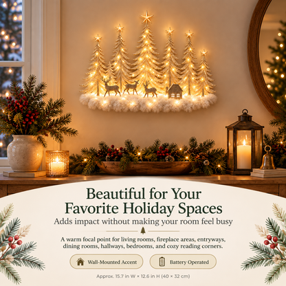 🦌✨ Glowing Christmas Woodland Wall Decor | Snowy Forest, Deer & Cottage Scene🎄