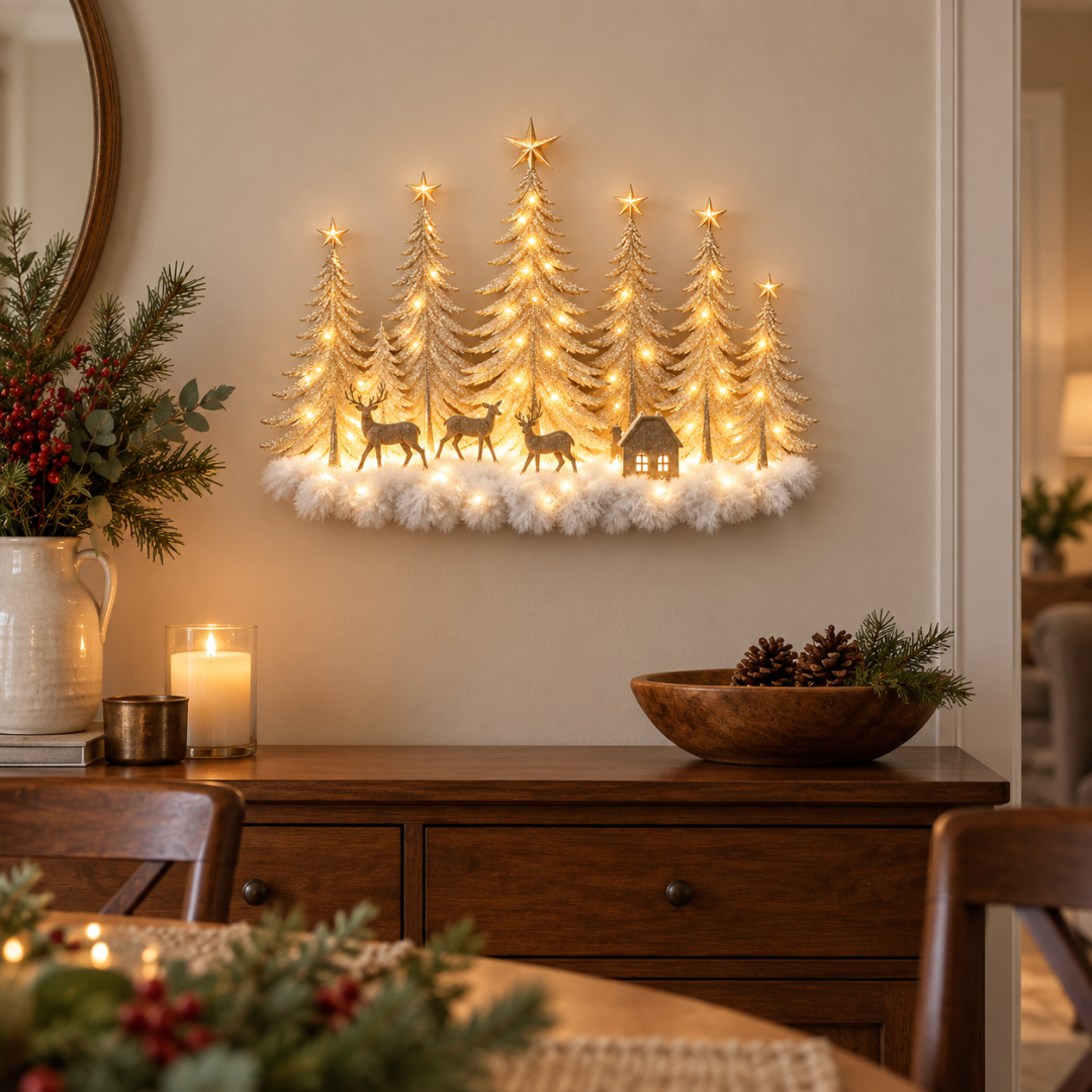 🦌✨ Glowing Christmas Woodland Wall Decor | Snowy Forest, Deer & Cottage Scene🎄
