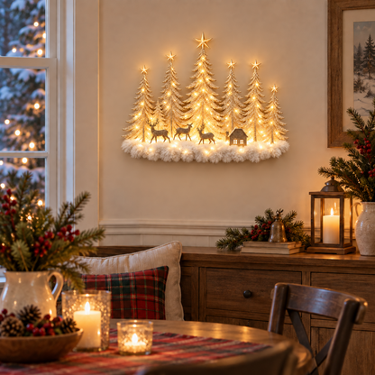 🦌✨ Glowing Christmas Woodland Wall Decor | Snowy Forest, Deer & Cottage Scene🎄