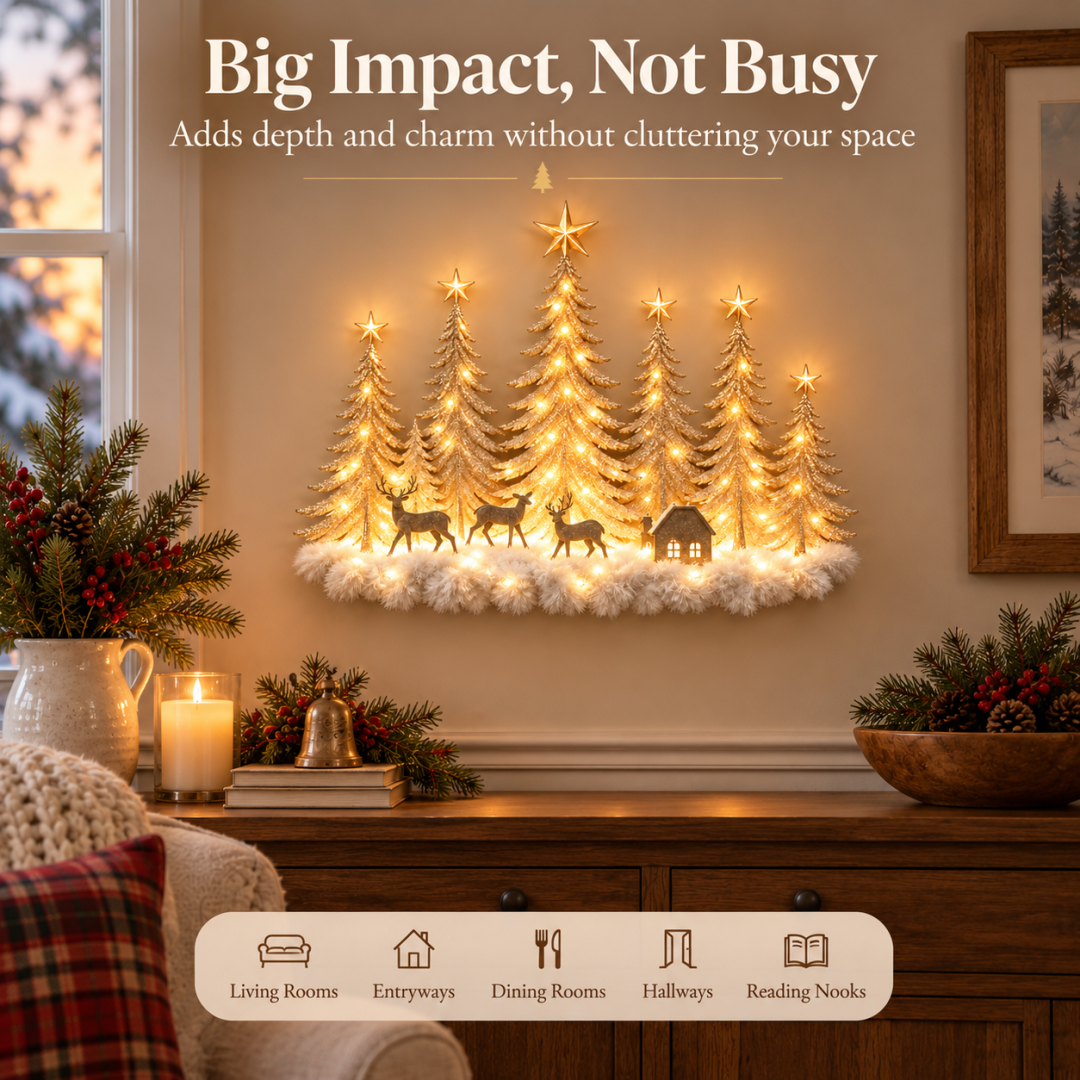 Christmas woodland wall decor displayed in a holiday interior