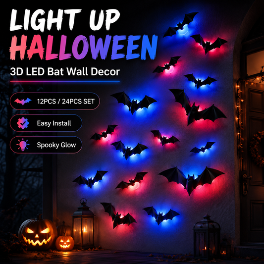 🦇 3D Bat Light Set – Spooky Wall Decor, Easy Stick, 12/24ct