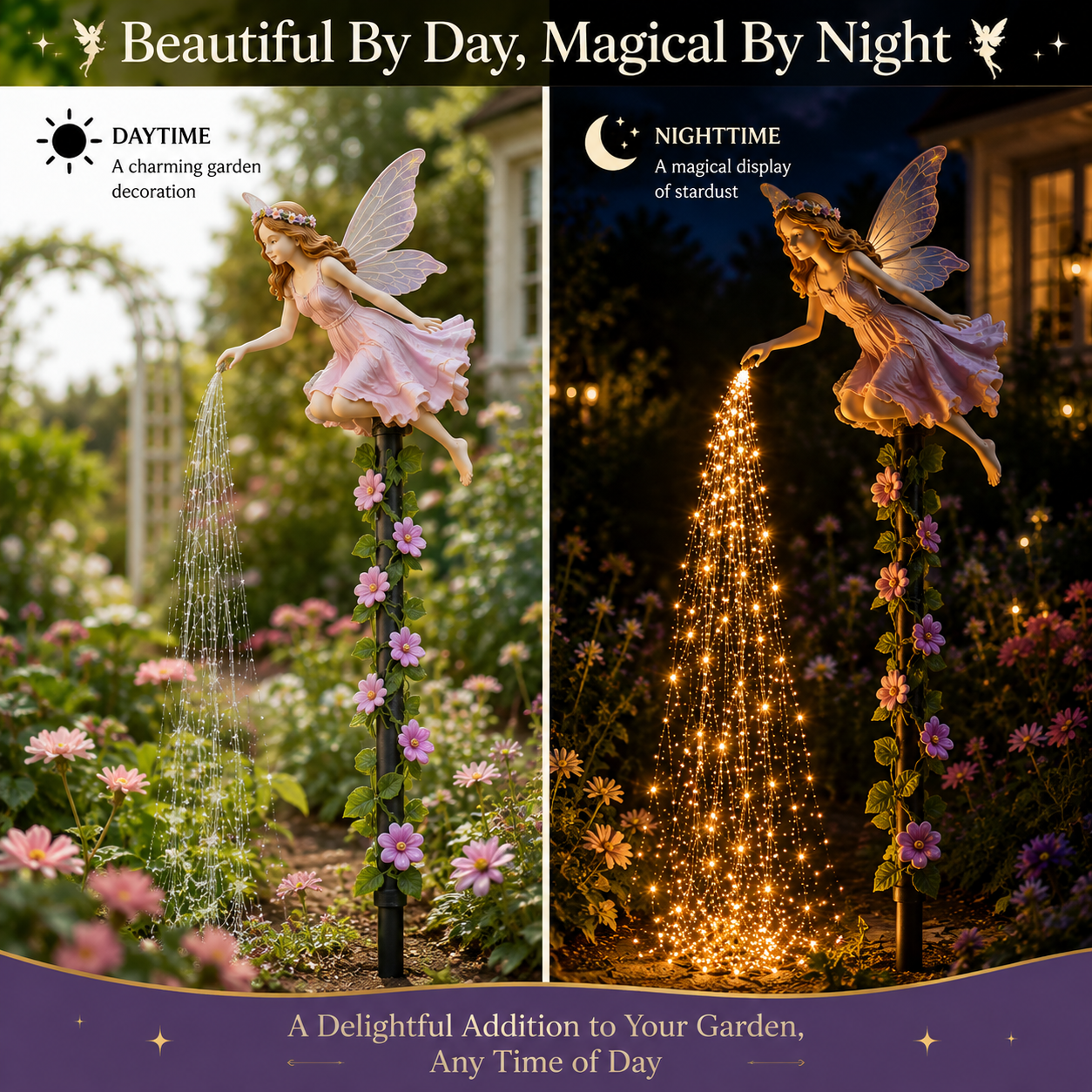 Fairy garden decoration by day and illuminated at night