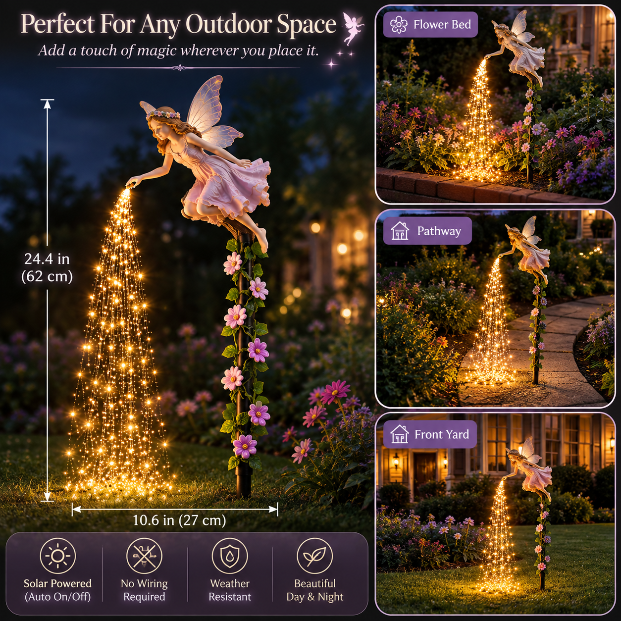 Fairy garden light in flower bed pathway and front yard
