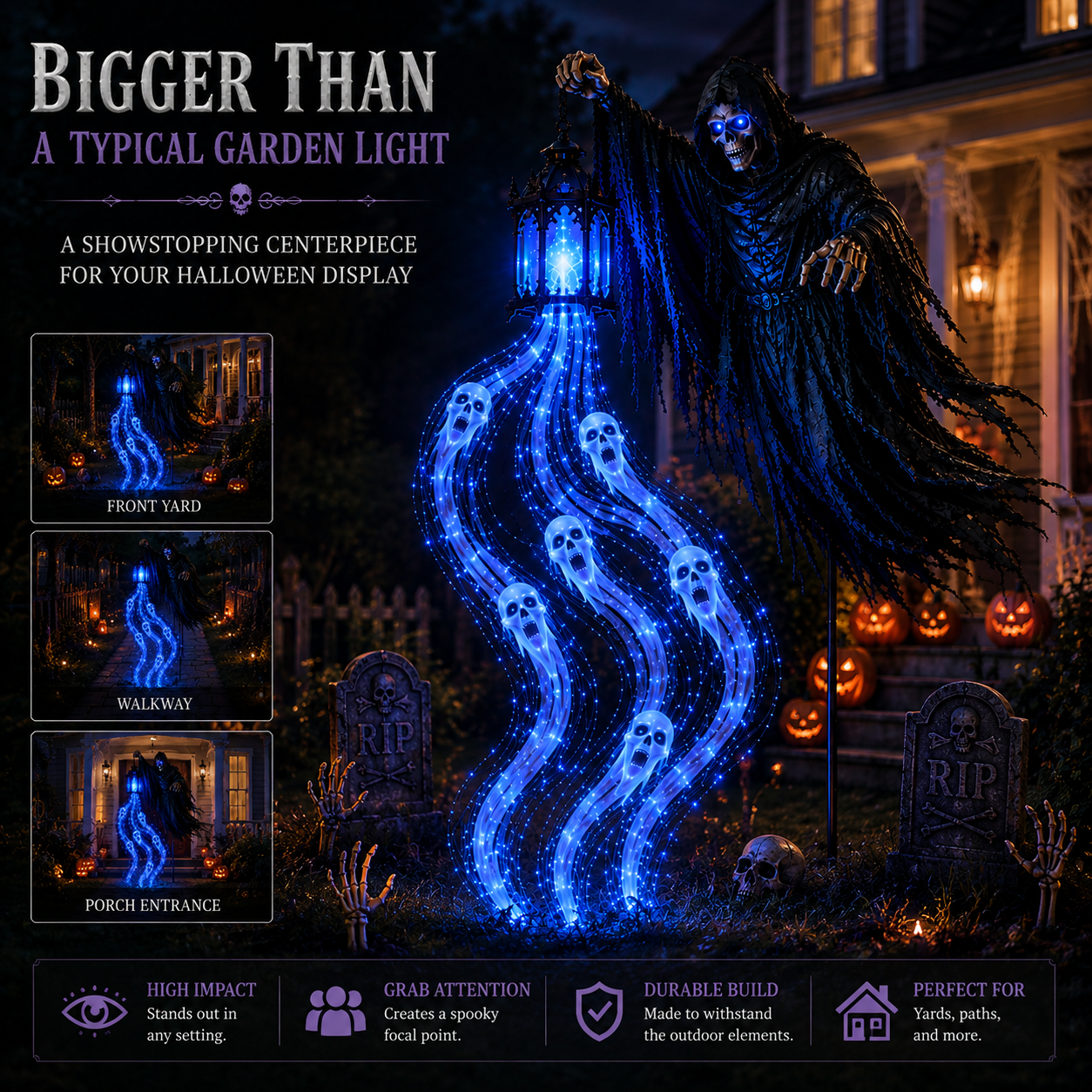 Halloween Soul Harvester front yard walkway and porch display