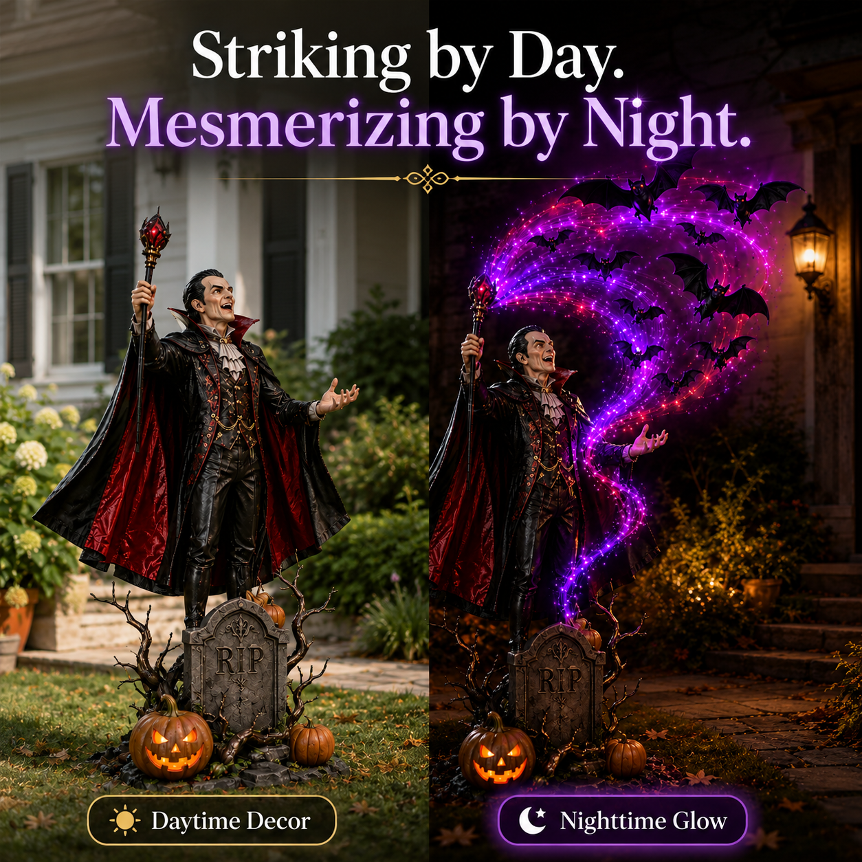 Vampire garden light daytime and nighttime comparison