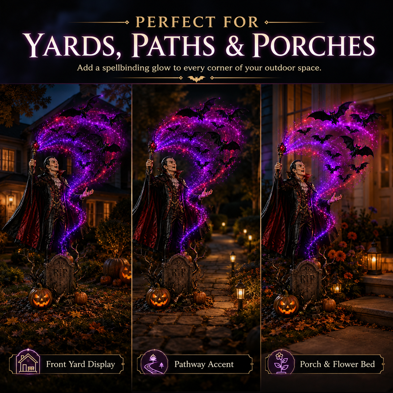 Halloween vampire decoration in yard pathway and porch