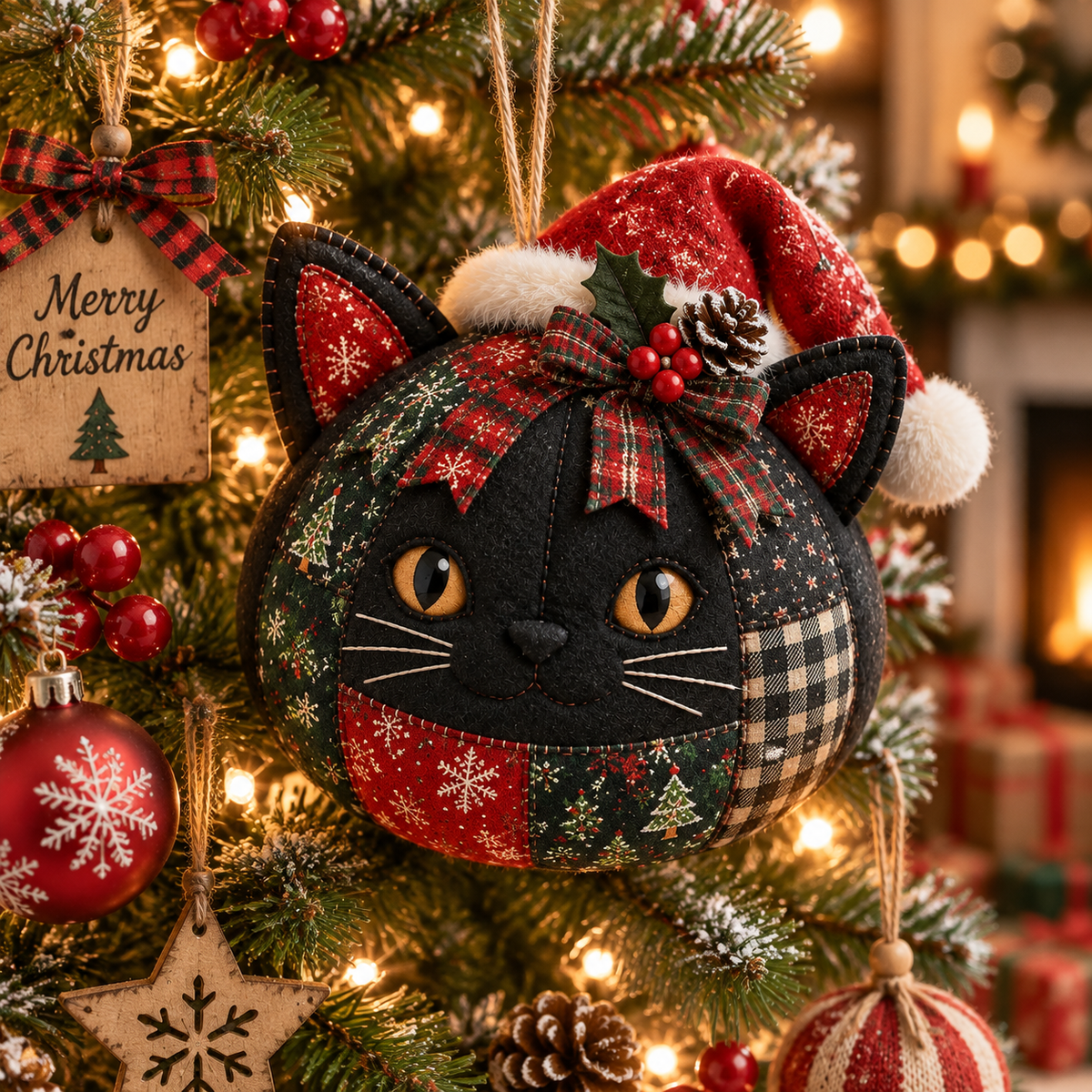 Black cat woodland Christmas ornament