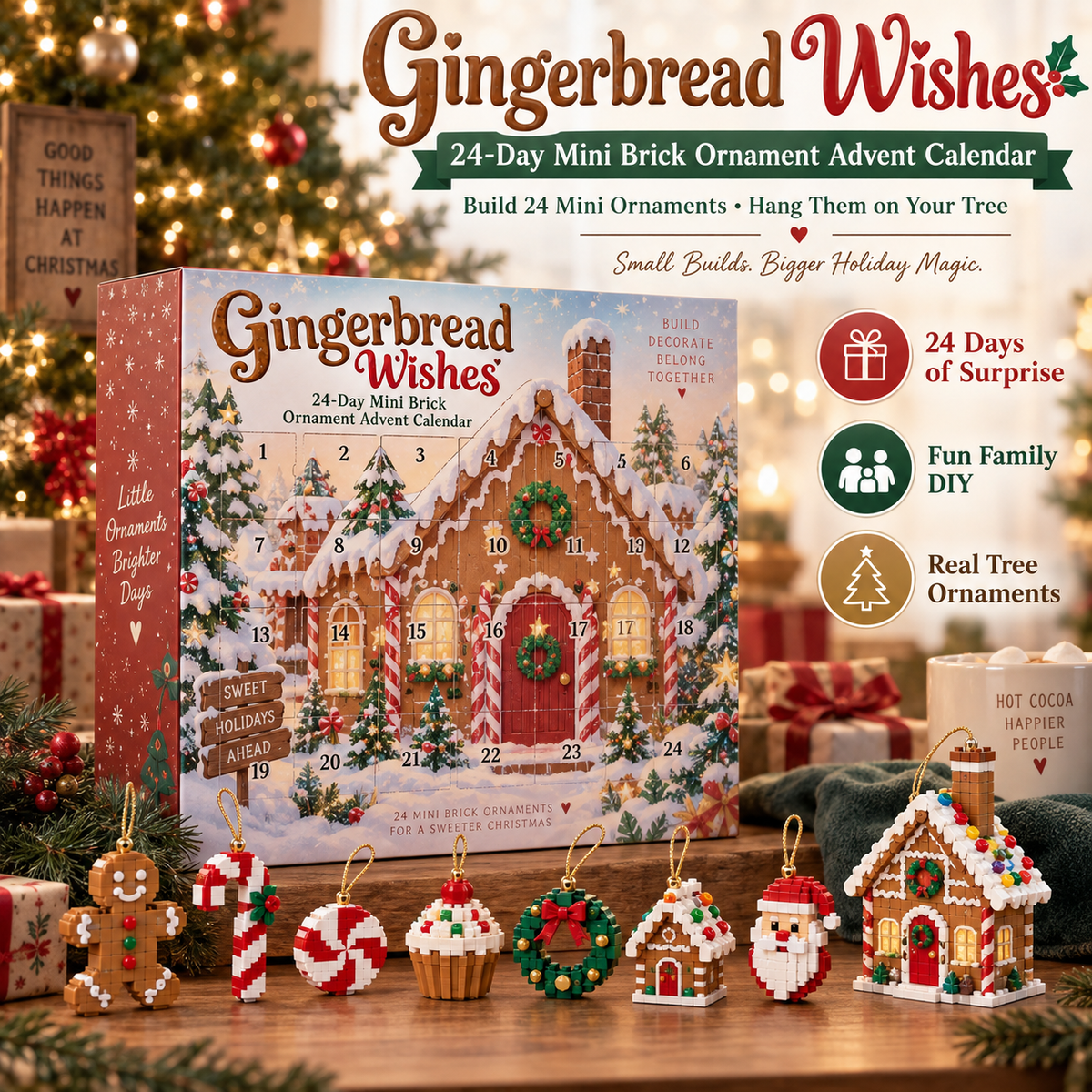 🎄🍪 Gingerbread Wishes 🎁 24-Day Mini Brick Ornament Advent Calendar