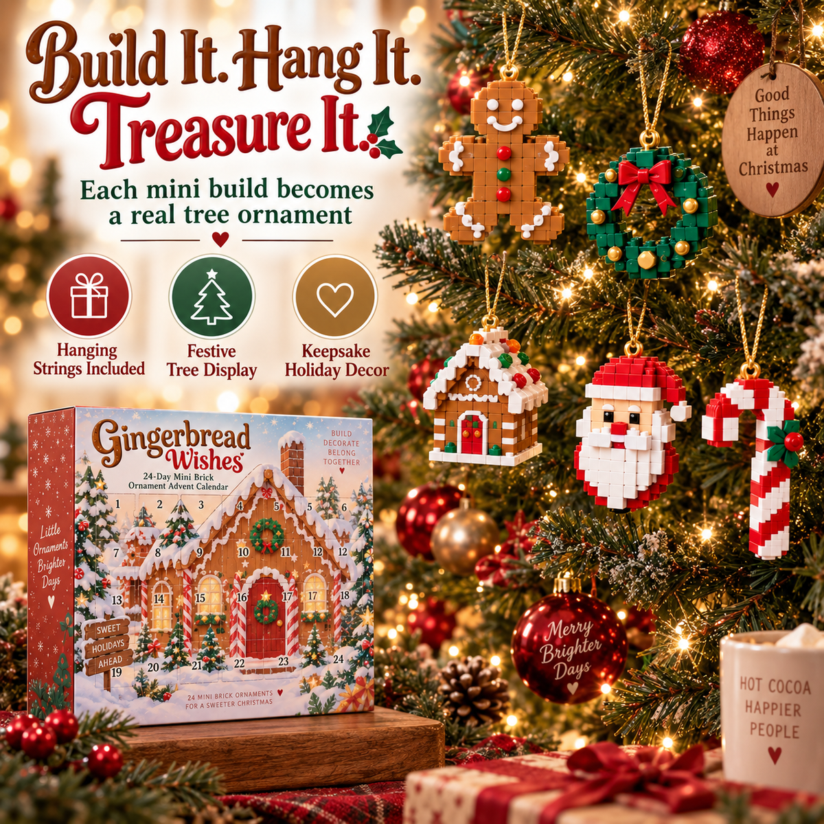 🎄🍪 Gingerbread Wishes 🎁 24-Day Mini Brick Ornament Advent Calendar
