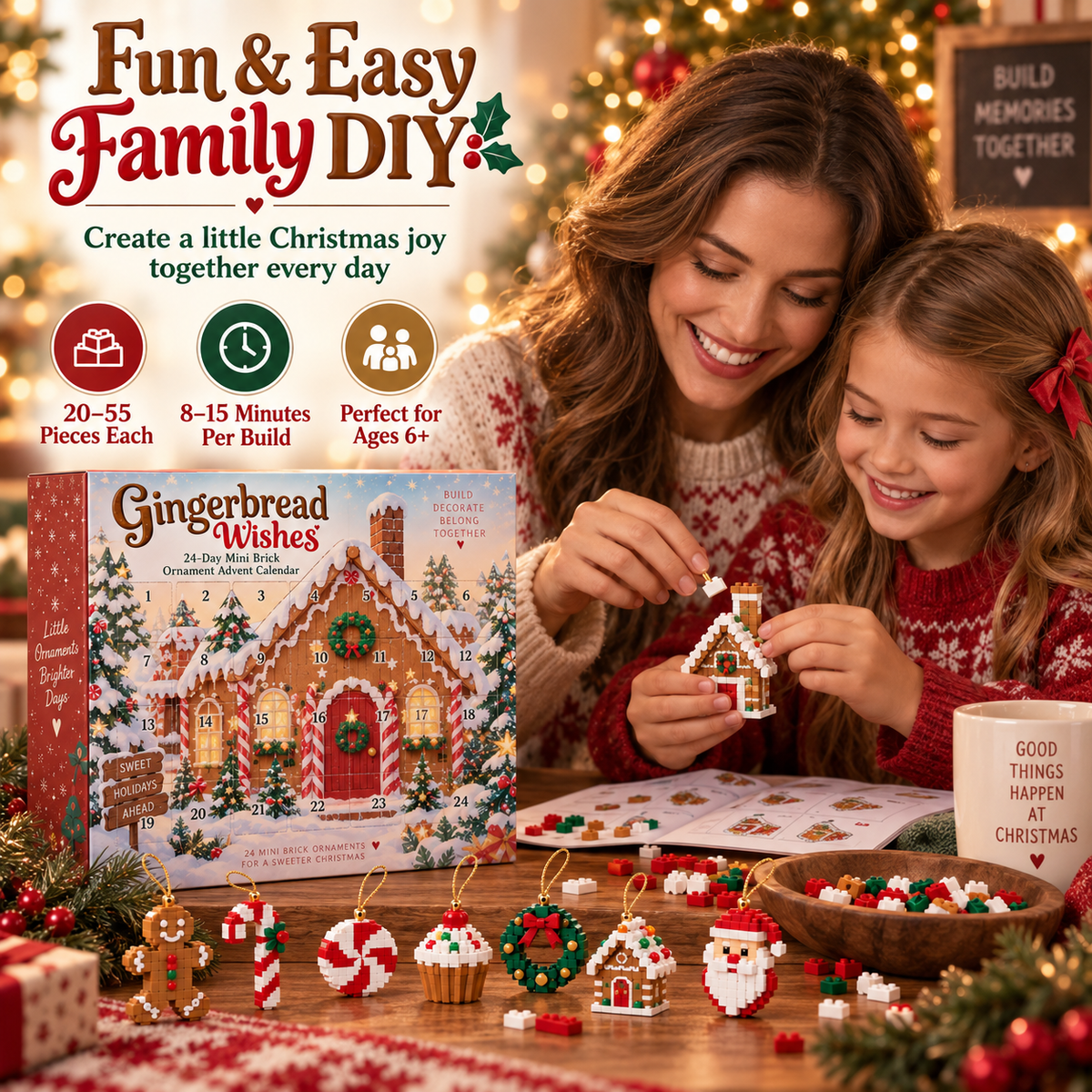 🎄🍪 Gingerbread Wishes 🎁 24-Day Mini Brick Ornament Advent Calendar