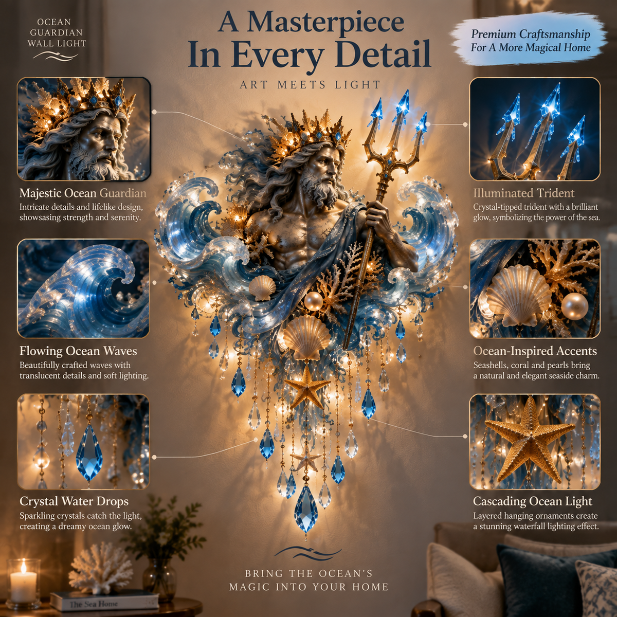 Ocean Guardian Poseidon Wall Light Details