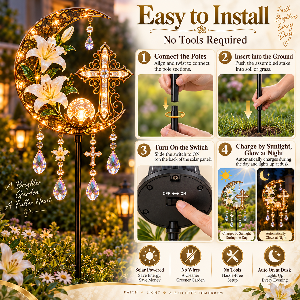 🔥Last Day 49% OFF🔥Cross & Lily Solar Garden Light™ | Christian Faith Garden Stake ✝️✨