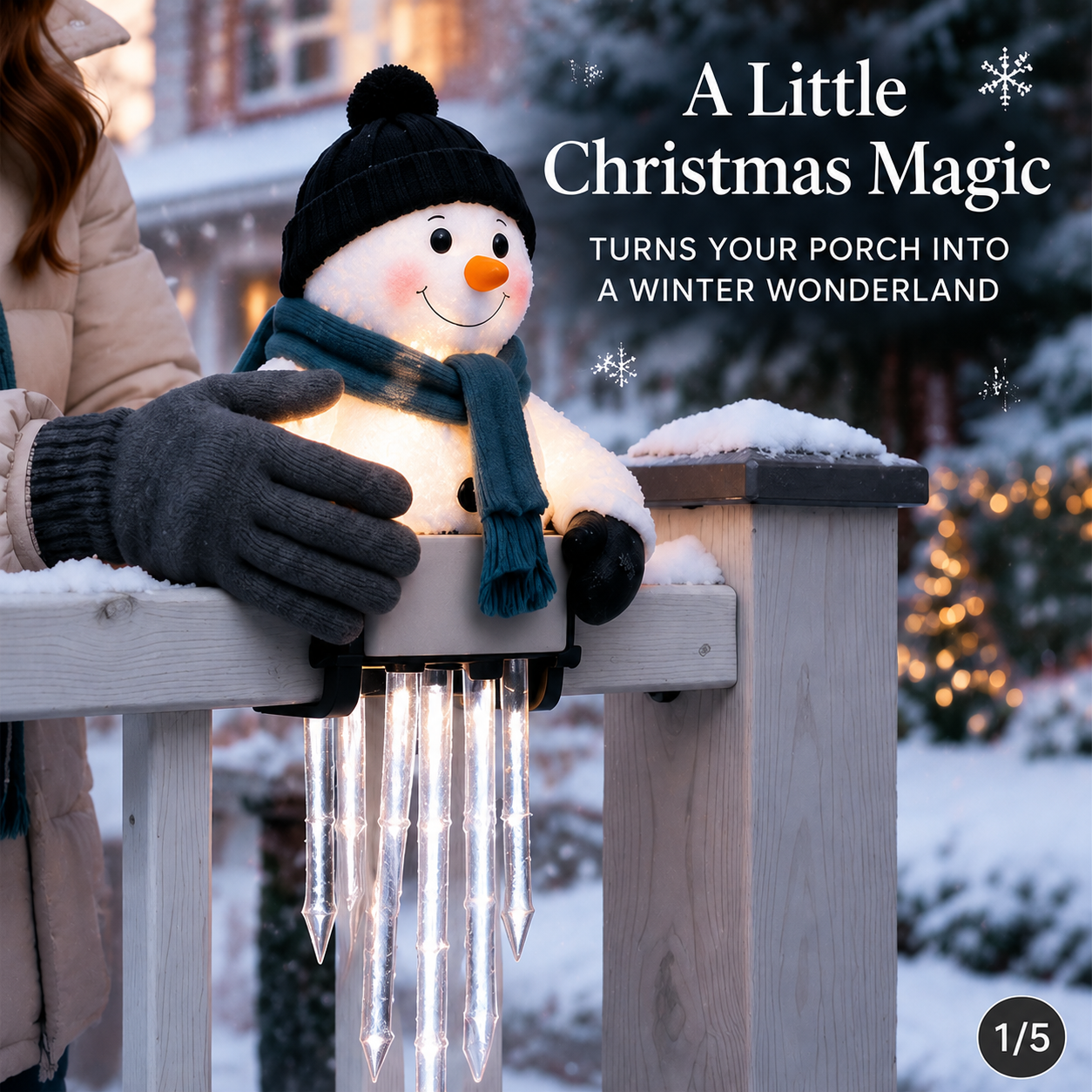 WinterGlow snowman being positioned on an outdoor porch railing
