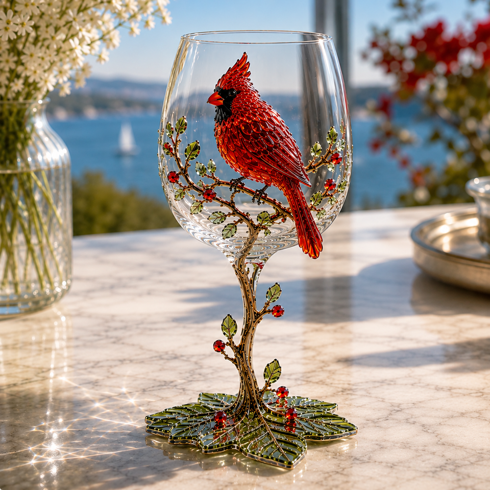 Detailed Cardinal Nature Inspired Wine Glass