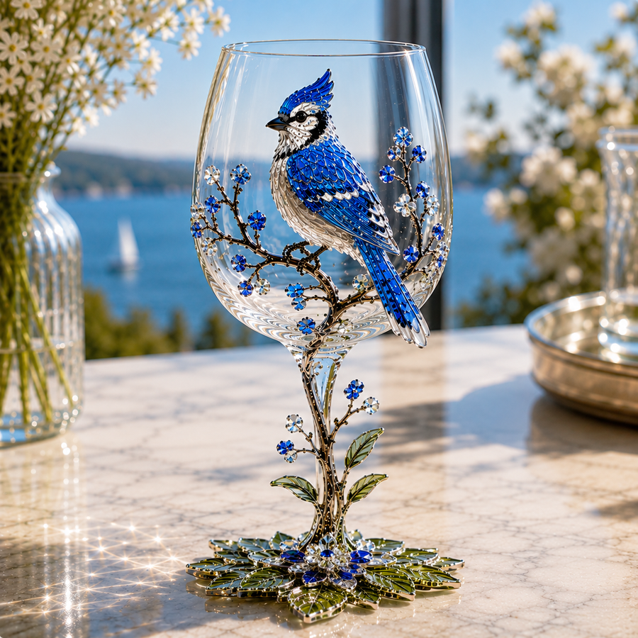 Blue Jay bird wine glass