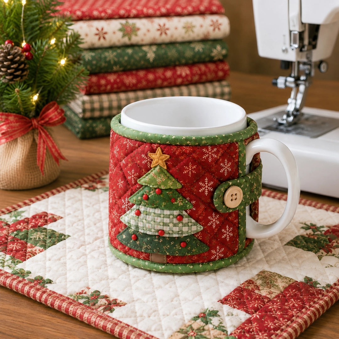 🎄🧵Christmas Quilted Mug Cozy Sewing Kit - Cozy Holiday DIY Craft Set with 9 Festive Designs & Premium Fabric Materials