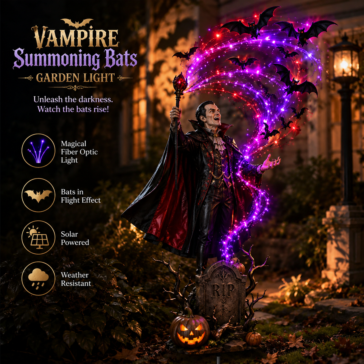 Vampire summoning glowing bats garden light