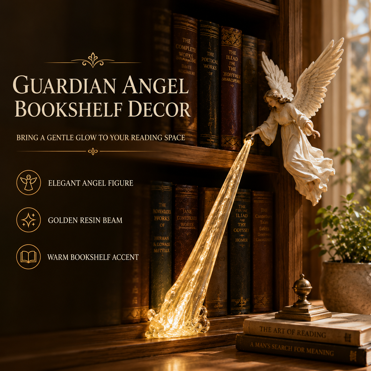 Guardian Angel golden beam bookshelf decor