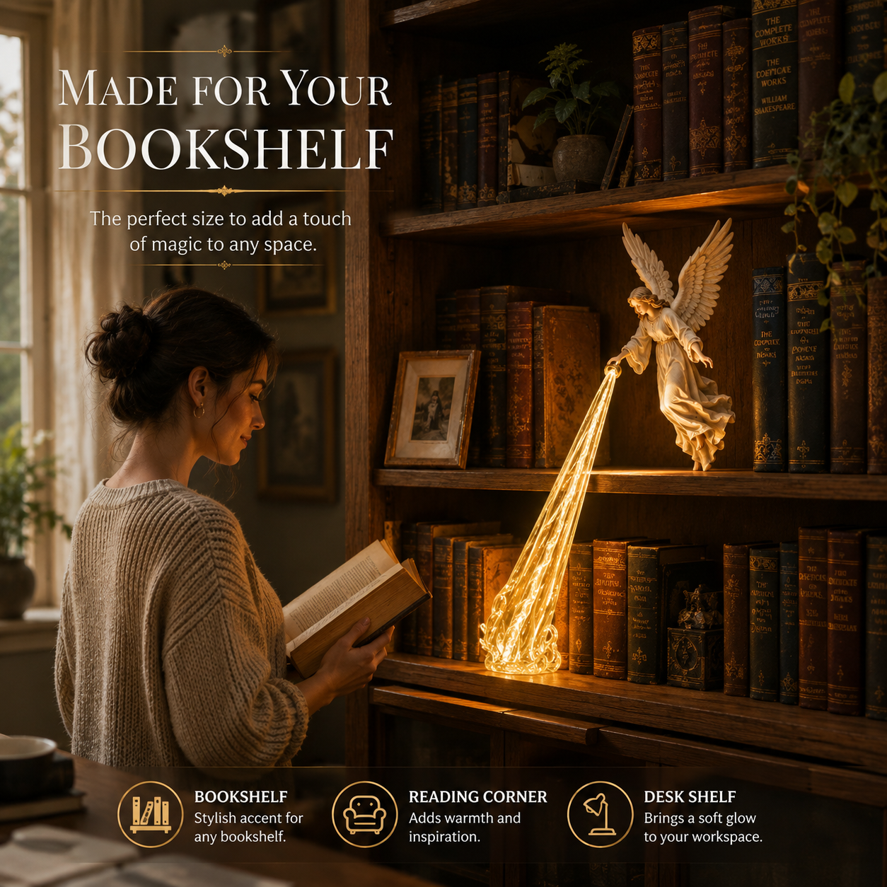 Guardian Angel bookshelf decor beside woman reading