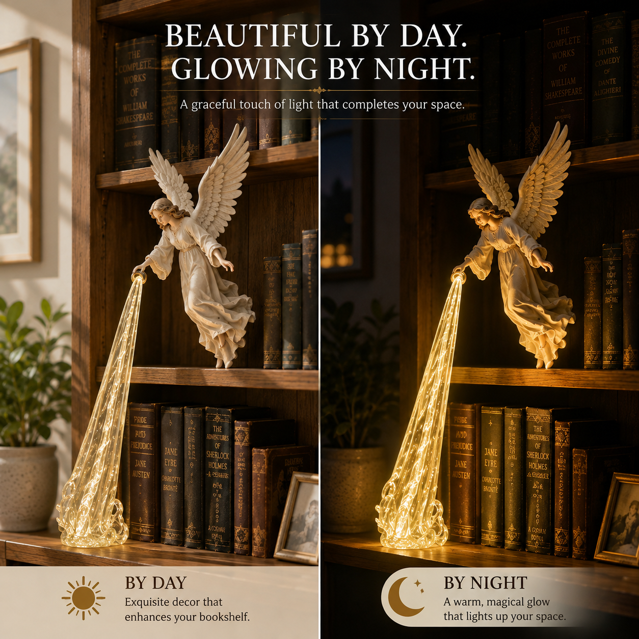 Guardian Angel bookshelf decor day and night comparison