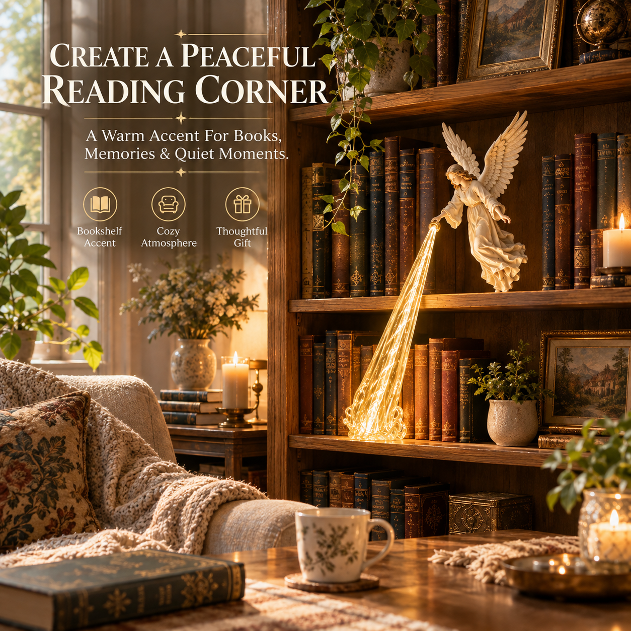 Peaceful reading corner with Guardian Angel bookshelf light