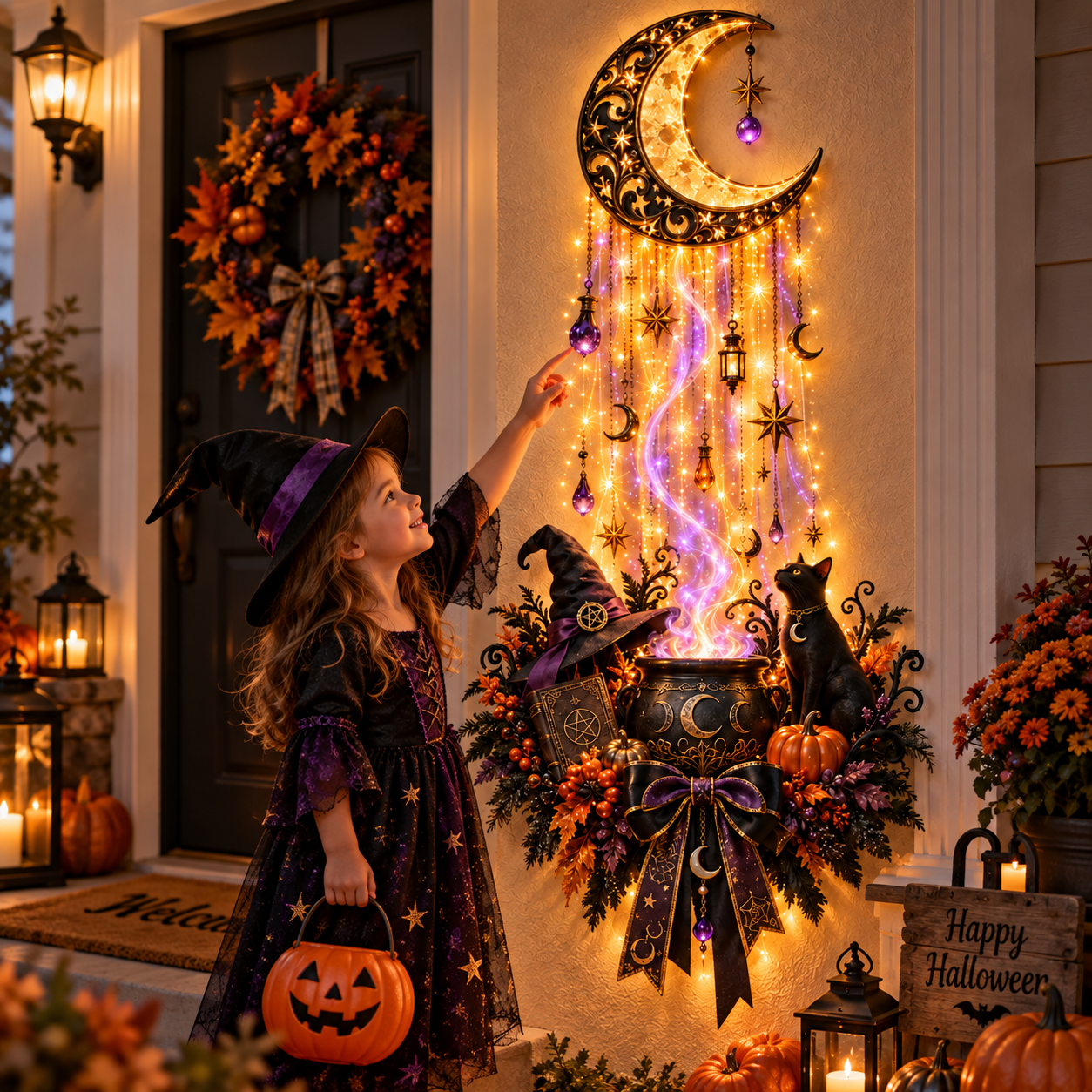Child enjoying Halloween witch wall decoration
