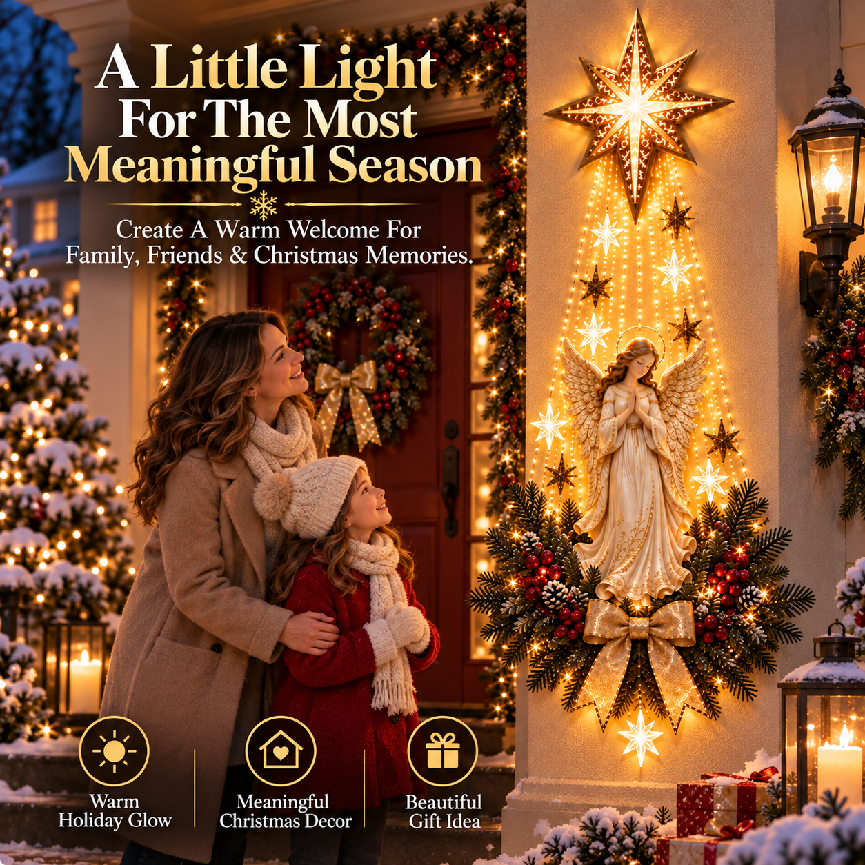 Mother and child beside illuminated Angel Christmas Wall Light