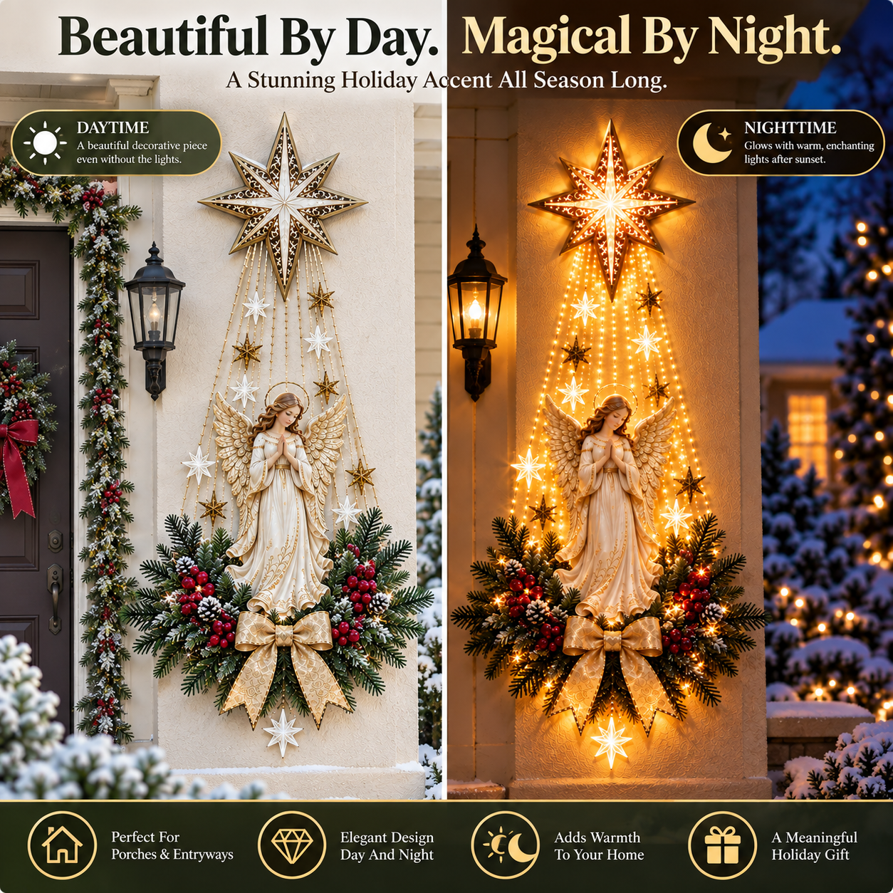 Angel Christmas Wall Light daytime and nighttime comparison