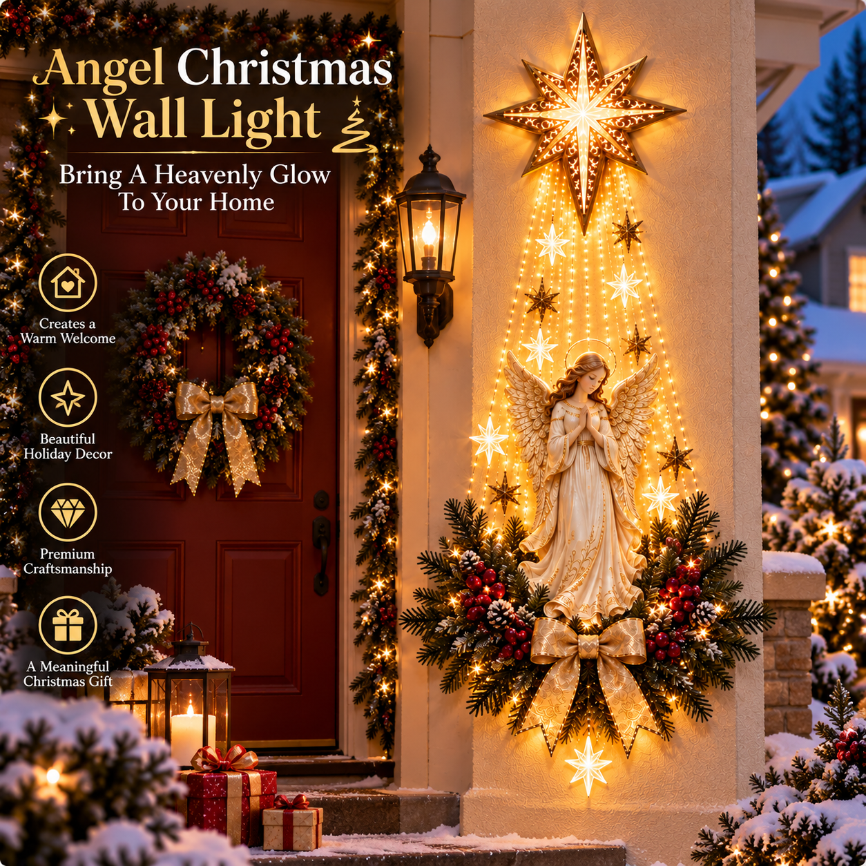 Angel Christmas Wall Light displayed beside a decorated Christmas entrance
