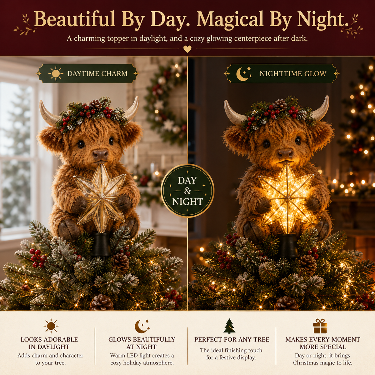 Highland Cow Tree Topper Day and Night