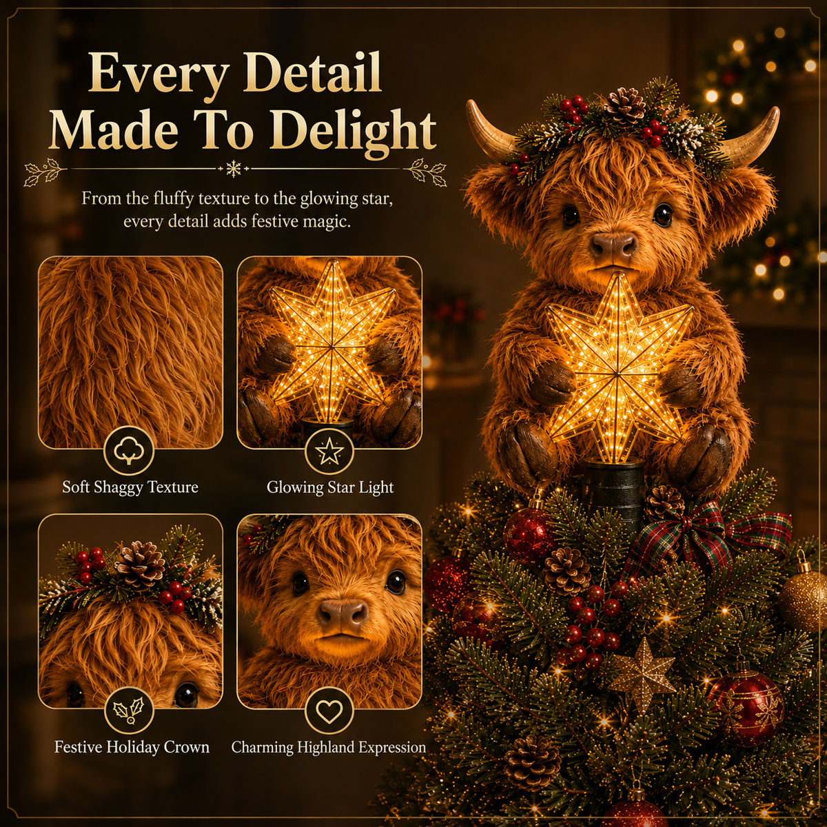 Baby Highland Cow Tree Topper Detail
