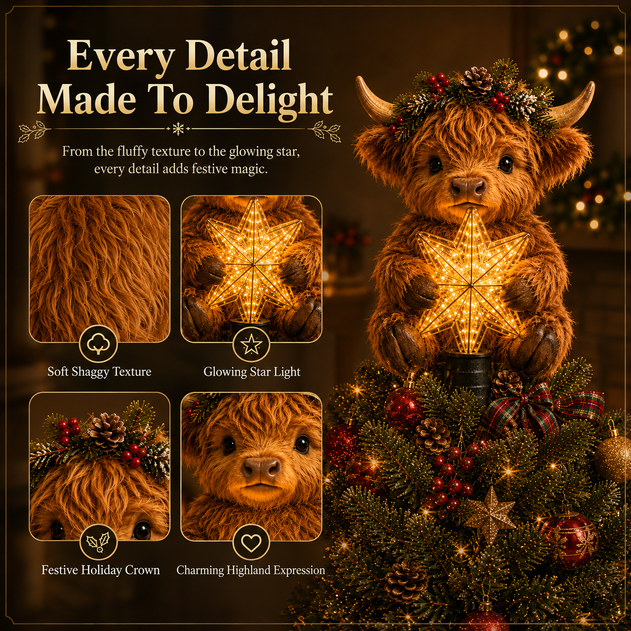 🐮🎄Baby Highland Cow Glowing Star Tree Topper✨✨