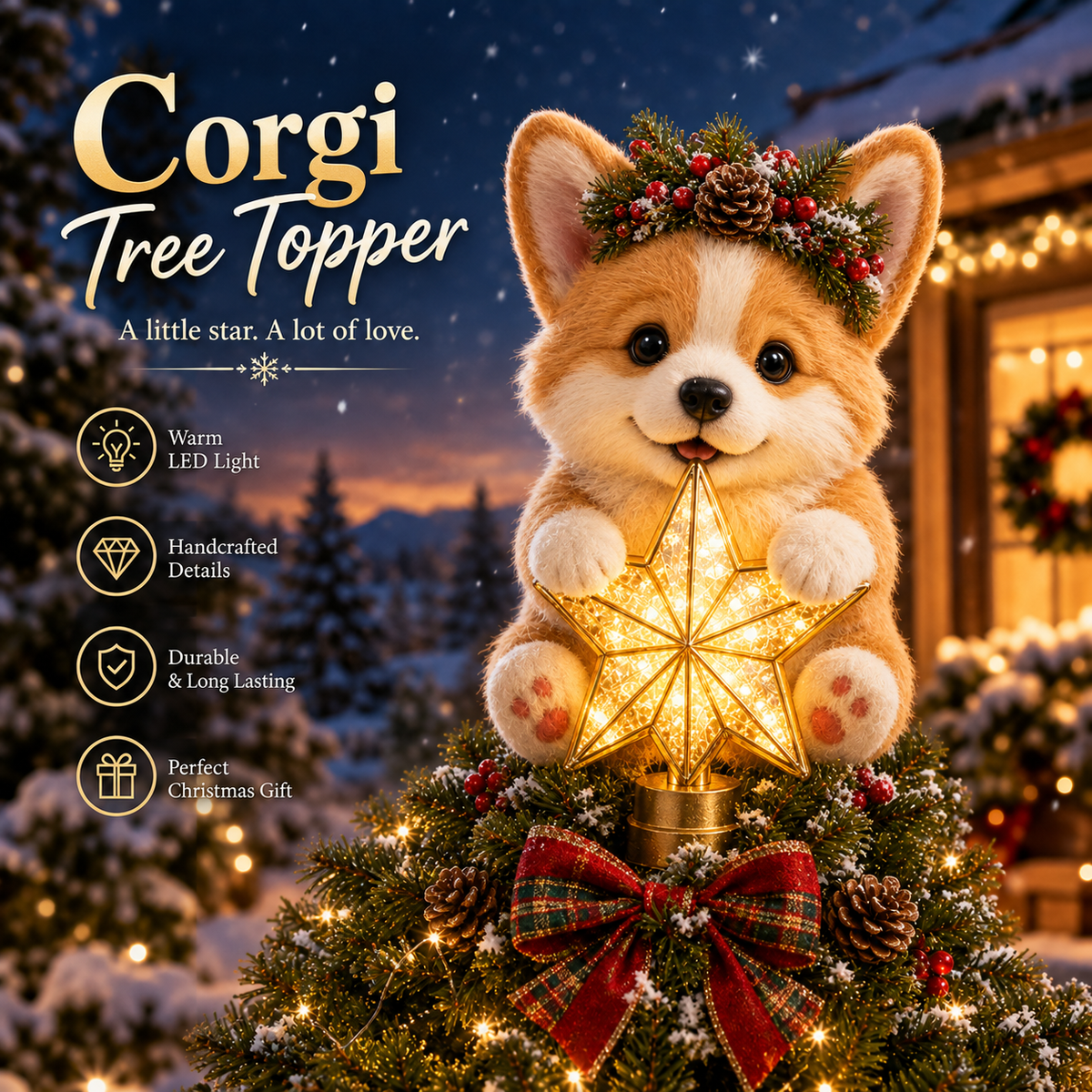 🎄 Christmas Glow Pup Tree Topper – Light-Up Holiday Dog Tree Topper