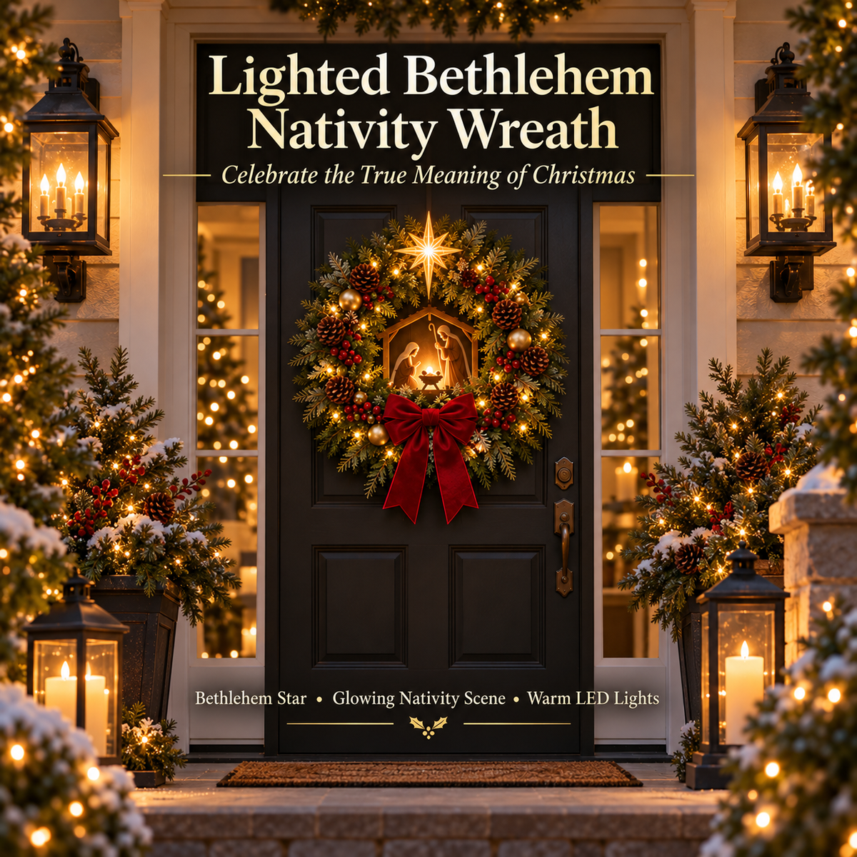 Lighted Bethlehem Nativity wreath displayed on a Christmas front door