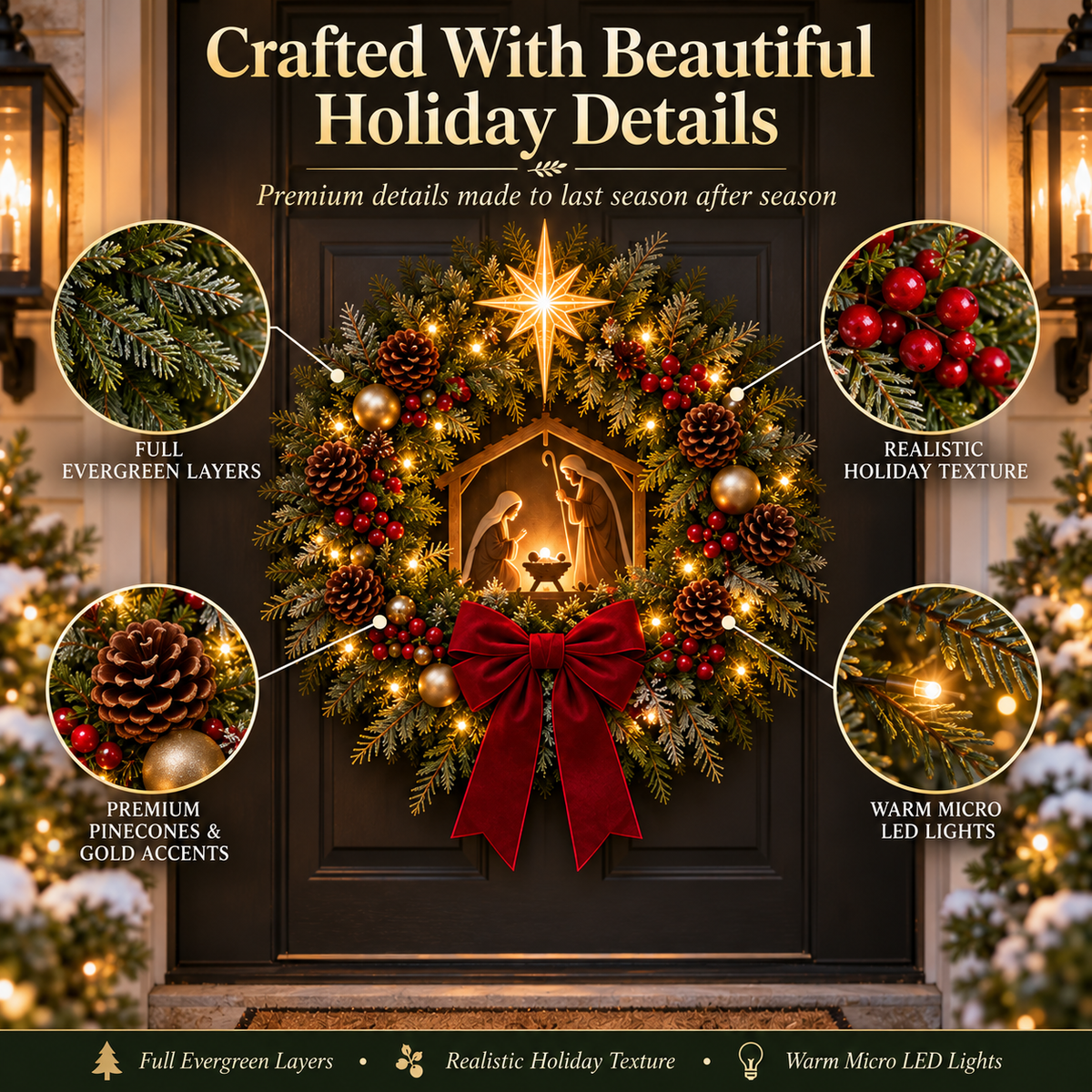 Decorative greenery, ornaments, star lights and red bow details