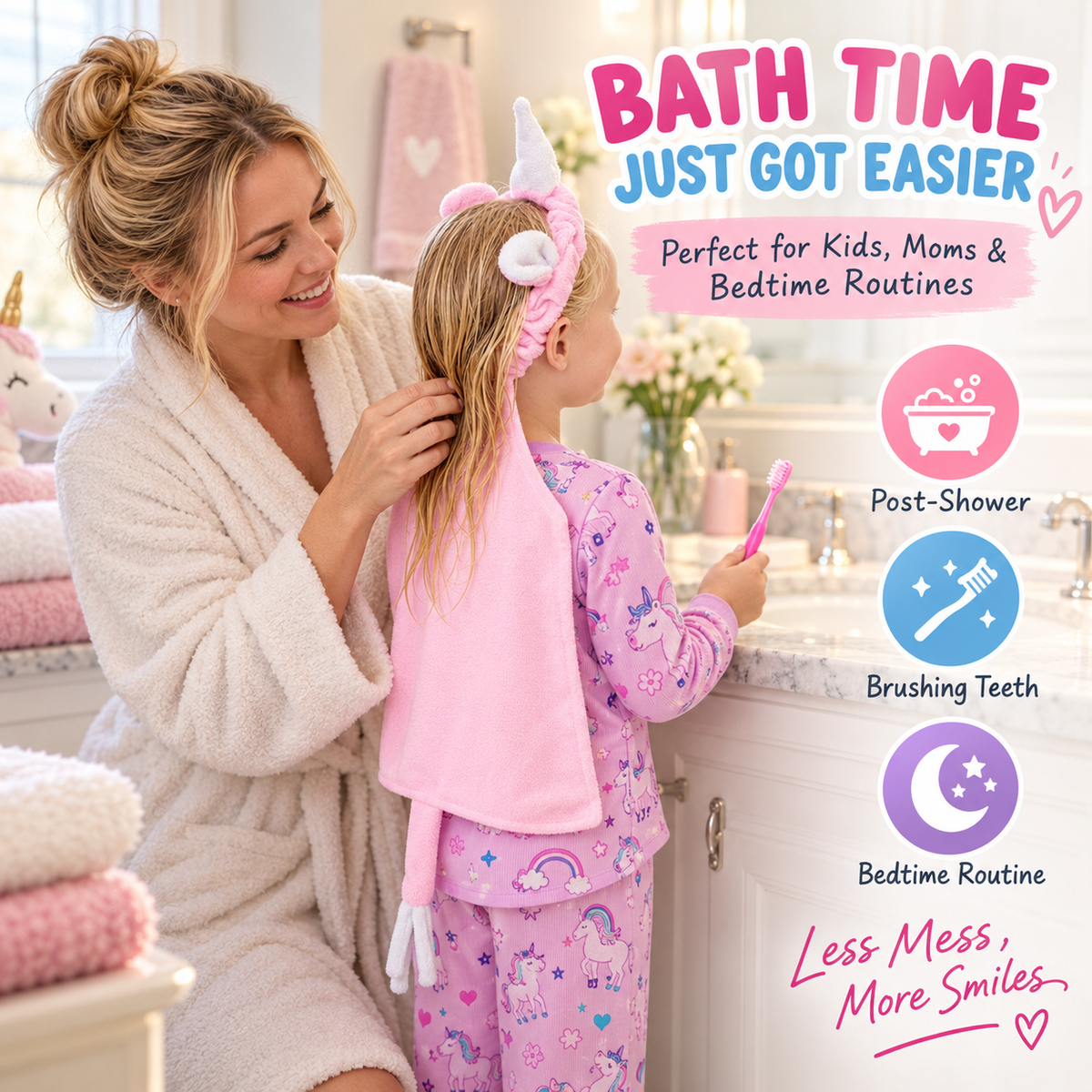 Parent helping a child wear a pink unicorn hair towel after bath time