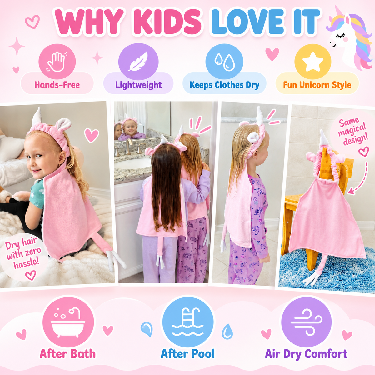 Children wearing unicorn hair towels after bathing and swimming