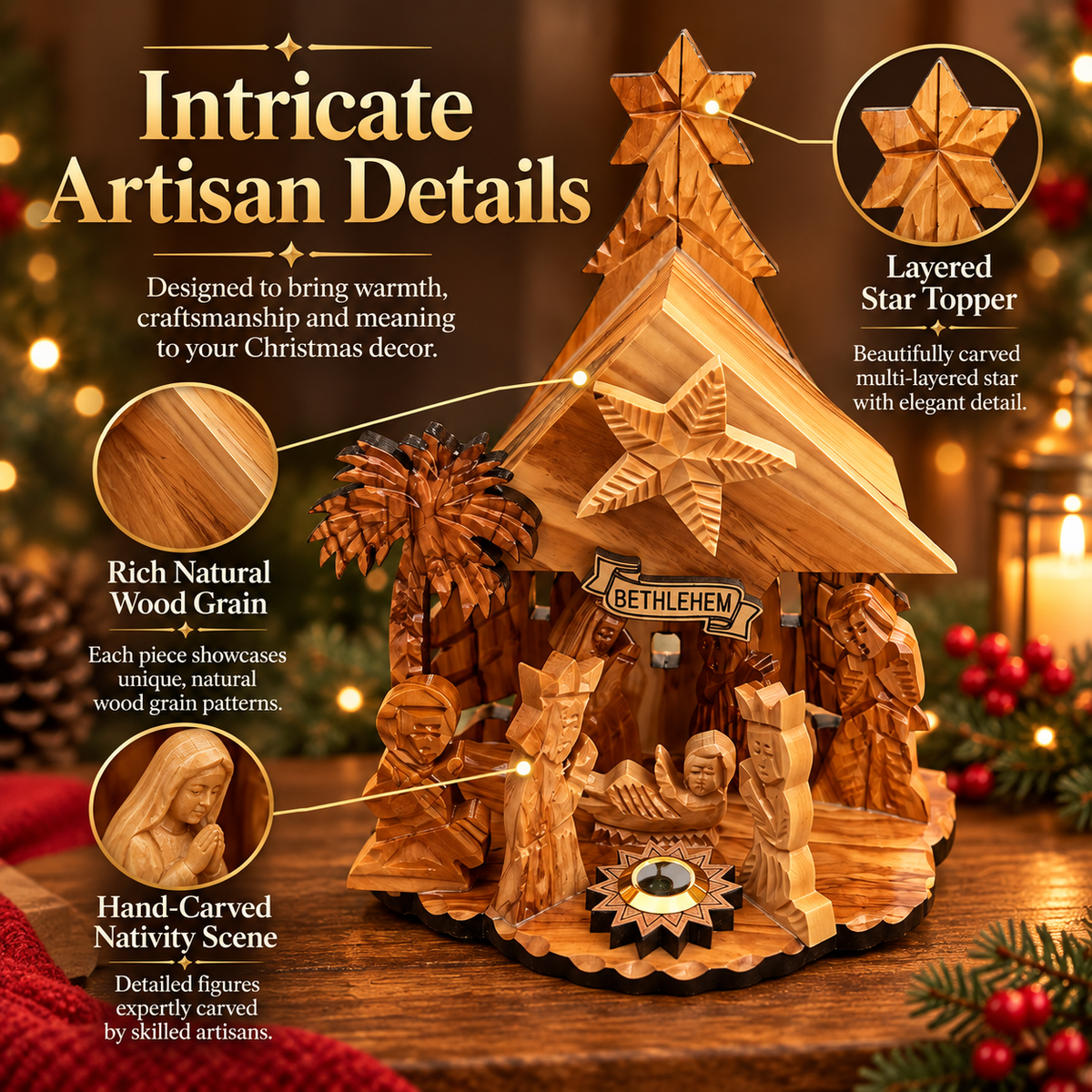 Close-up of the Nativity scene showing its layered star and natural wood grain