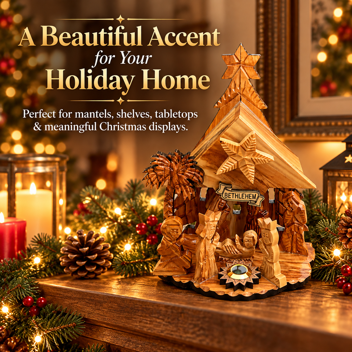 Nativity scene displayed on a mantel among warm Christmas decorations