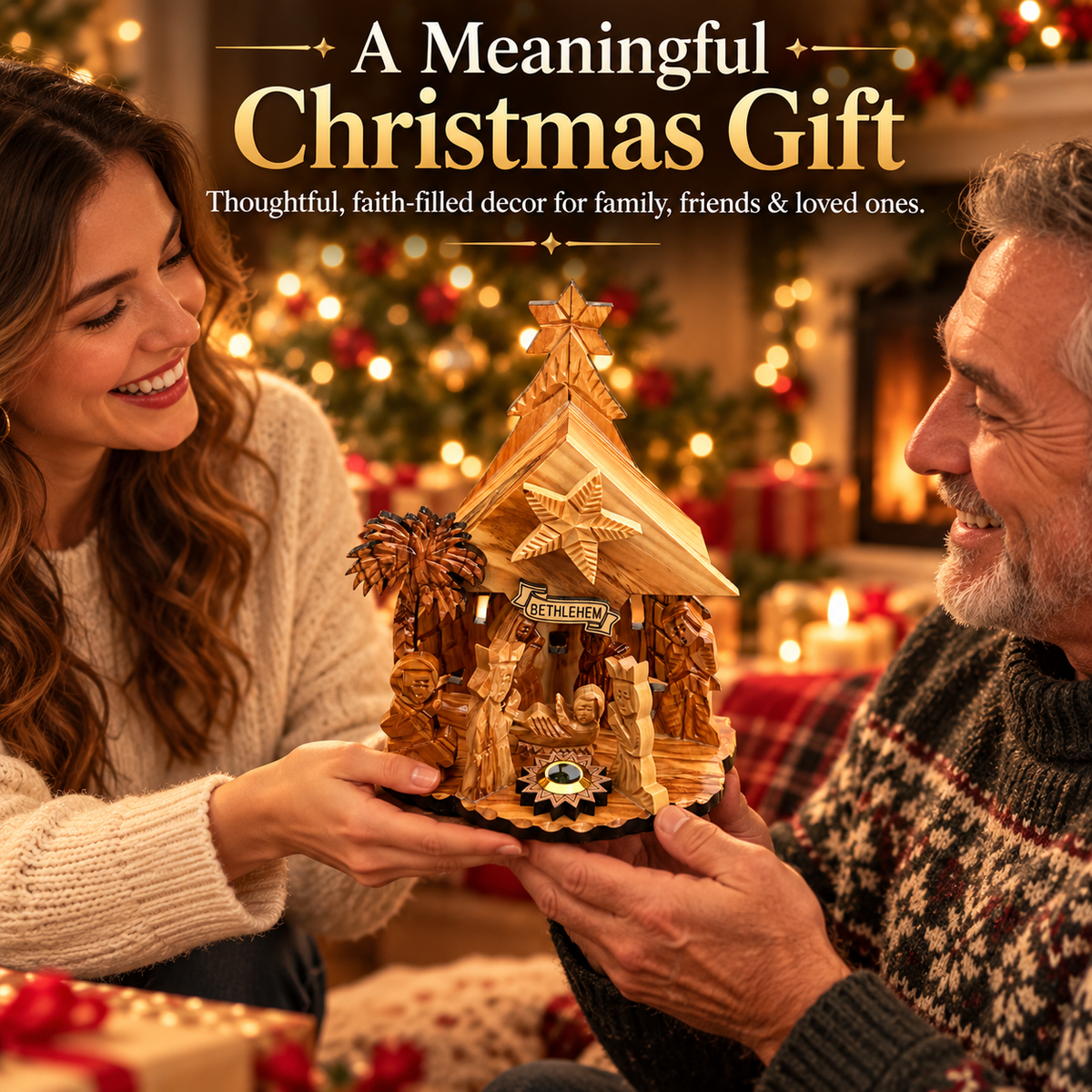 Family sharing a Nativity scene as a meaningful Christmas gift