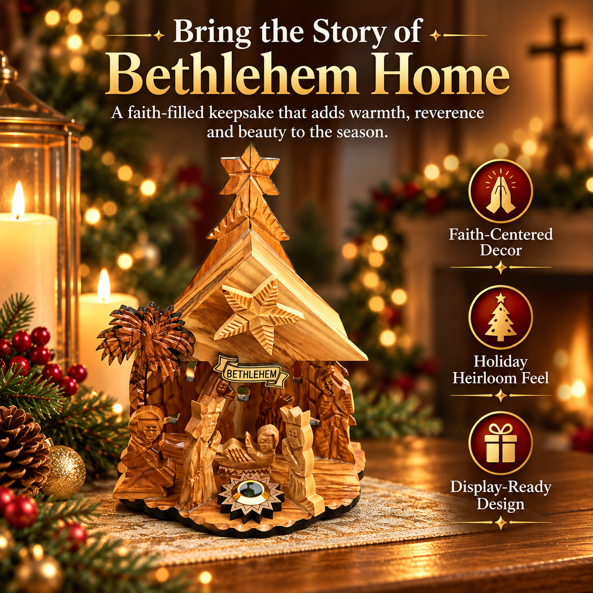 Holy Land Nativity scene arranged with candlelight and Christmas accents