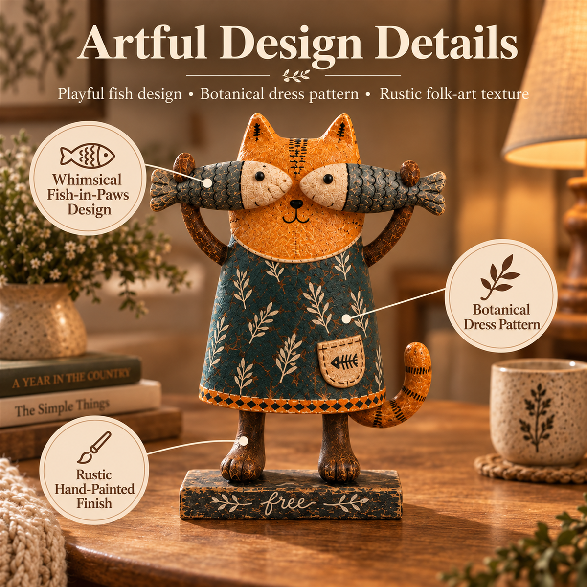 🐱 Whimsical Fish-Loving Cat – Rustic Farmhouse Tabletop Decor