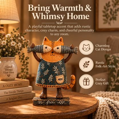 🐱 Whimsical Fish-Loving Cat – Rustic Farmhouse Tabletop Decor