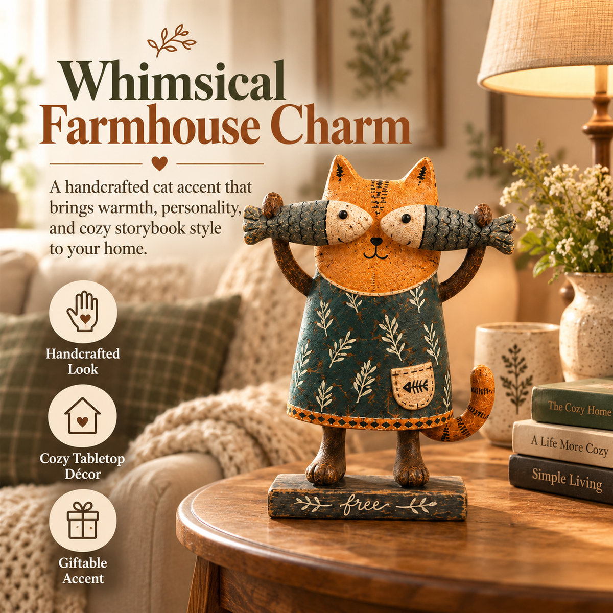 🐱 Whimsical Fish-Loving Cat – Rustic Farmhouse Tabletop Decor