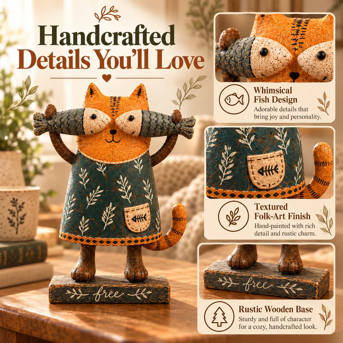 🐱 Whimsical Fish-Loving Cat – Rustic Farmhouse Tabletop Decor