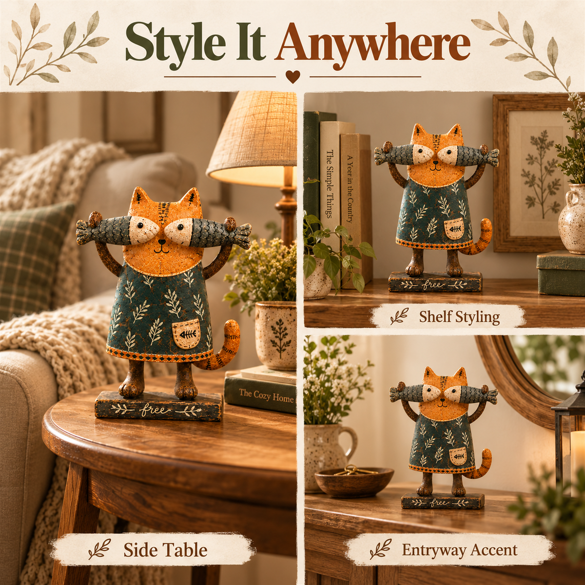 🐱 Whimsical Fish-Loving Cat – Rustic Farmhouse Tabletop Decor