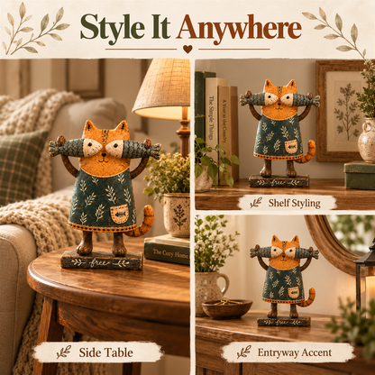 🐱 Whimsical Fish-Loving Cat – Rustic Farmhouse Tabletop Decor
